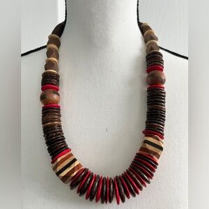 Wooden Beaded Necklace with Red Accents